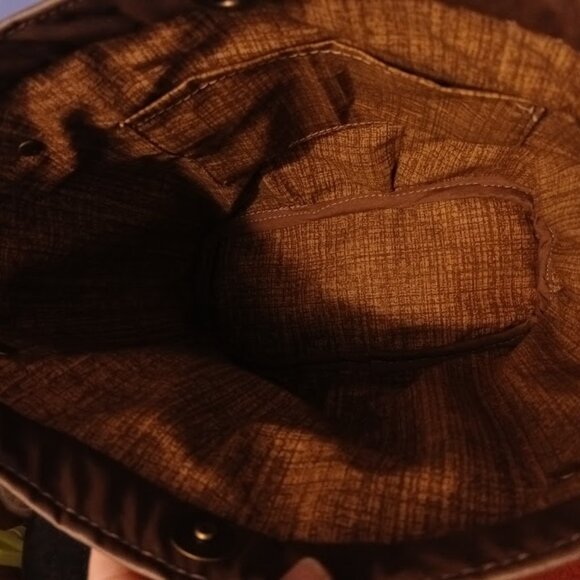 New Bucket Saddle Bag Purse Tote Brown Mustard Chevron Aztec print Pleather - Picture 10 of 10